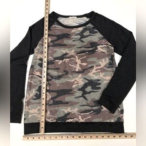 Distressed camo print shirt, size women’s S.